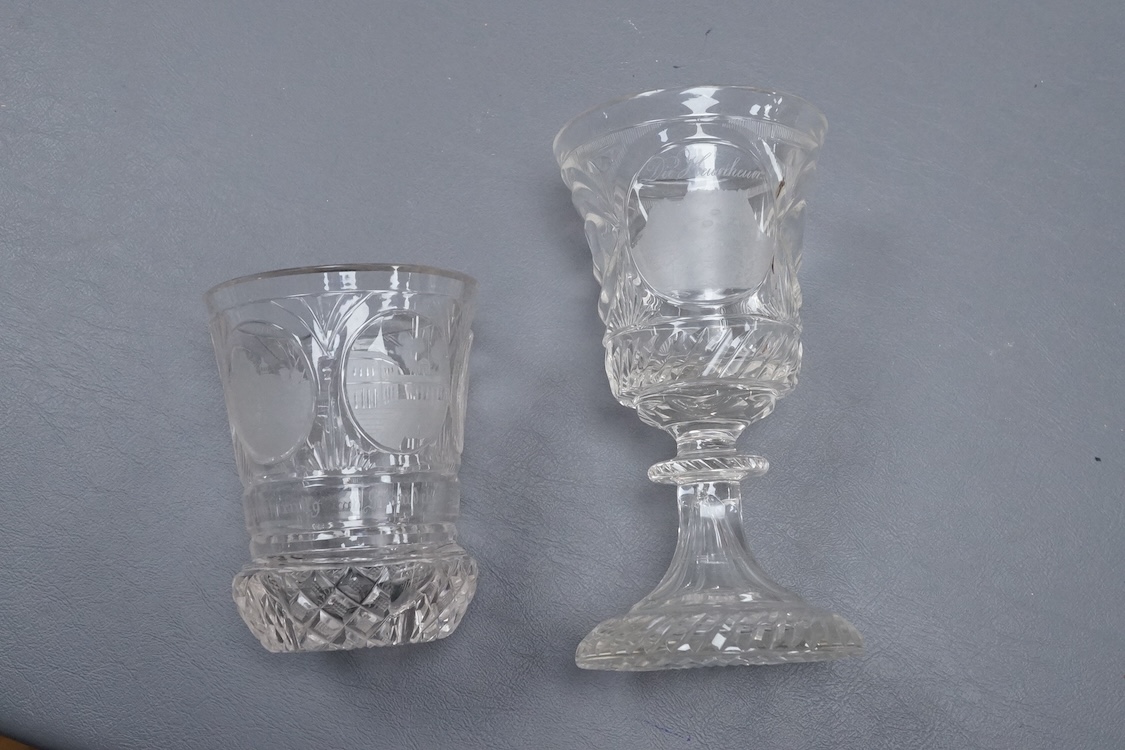 A 19th century Bohemian topographical engraved goblet and a similar beaker goblet, 17cm high